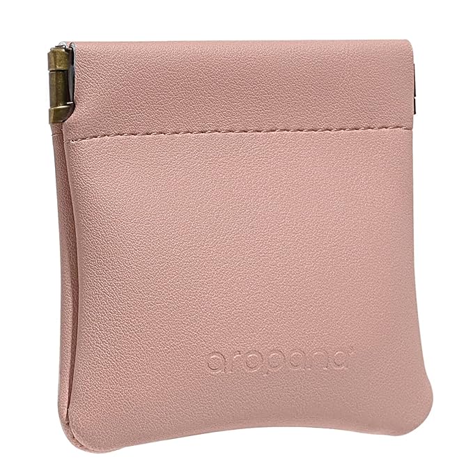 Aropana Self closing Leather Squeeze Coin Purse Waterproof Portable Earphone AirPods Pouch Mini storage Jewellery Bag Change Holder for Men & Women (8CM*7.5CM) Light Pink