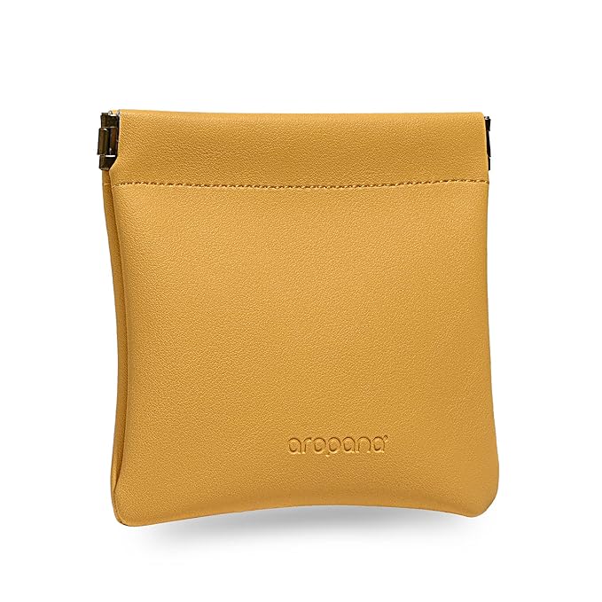 Aropana Self closing Leather Purse Portable Earphone AirPods Pouch Mini storage Jewellery Bag Coin Card Holder for Men & Women (11.5CM × 11CM) Bright Yellow