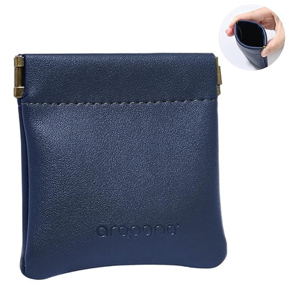 Aropana Self closing Leather Squeeze Coin Purse Waterproof Portable Earphone AirPods Pouch Mini storage Jewellery Bag Change Holder for Men & Women (8CM*7.5CM) Navy Blue
