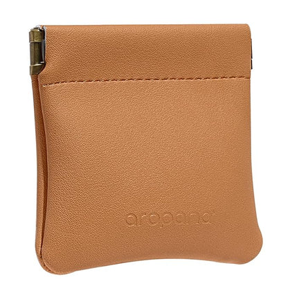 Aropana Self closing Leather Squeeze Coin Purse Waterproof Portable Earphone AirPods Pouch Mini storage Jewellery Bag Change Holder for Men & Women (8CM*7.5CM) Brown