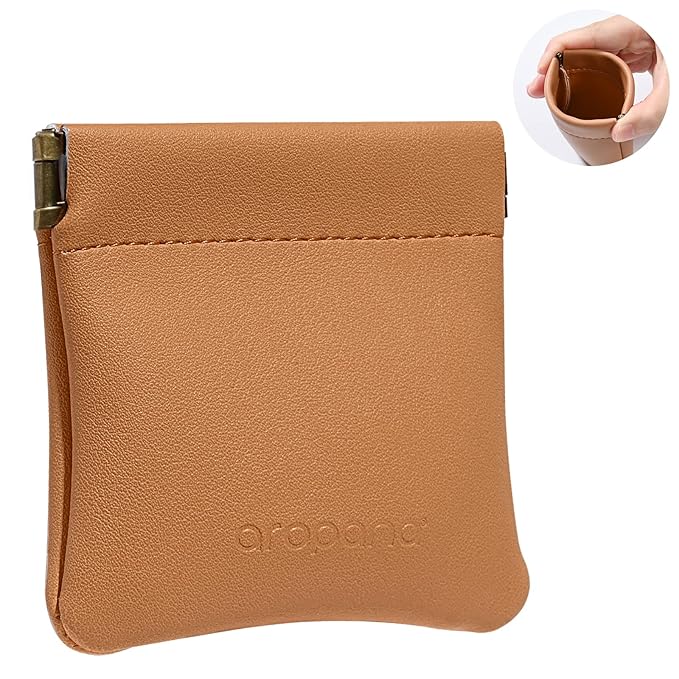 Aropana Self closing Leather Squeeze Coin Purse Waterproof Portable Earphone AirPods Pouch Mini storage Jewellery Bag Change Holder for Men & Women (8CM*7.5CM) Brown
