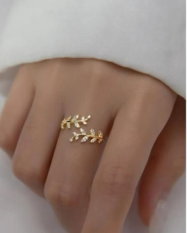 Crystal CZ Open Branch Leaf Adjustable Finger Ring