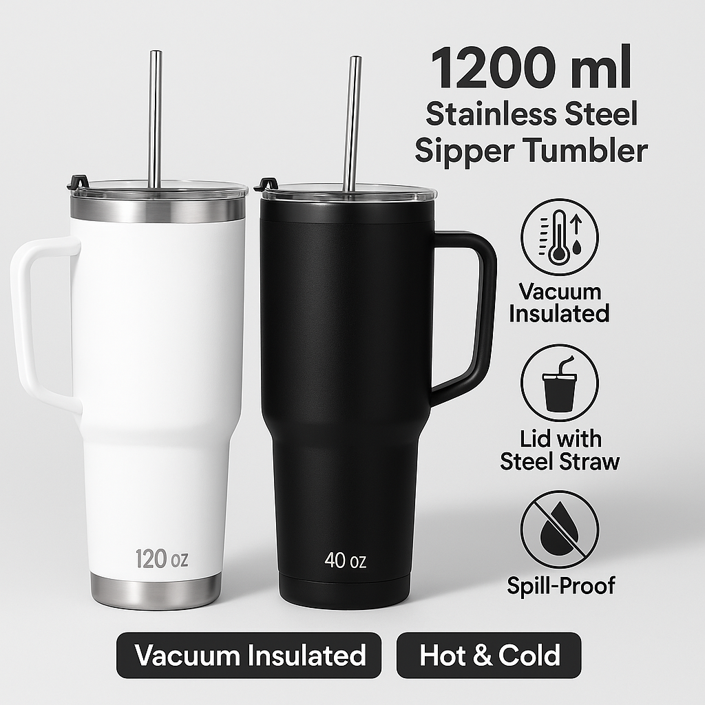 Tumbler Sipper Mug with Lid & Steel Straw | Stainless Steel Vacuum Insulated | Travel Coffee Cup for Hot & Cold Beverages | For Office, Gym, and Travel Use 1200 ml