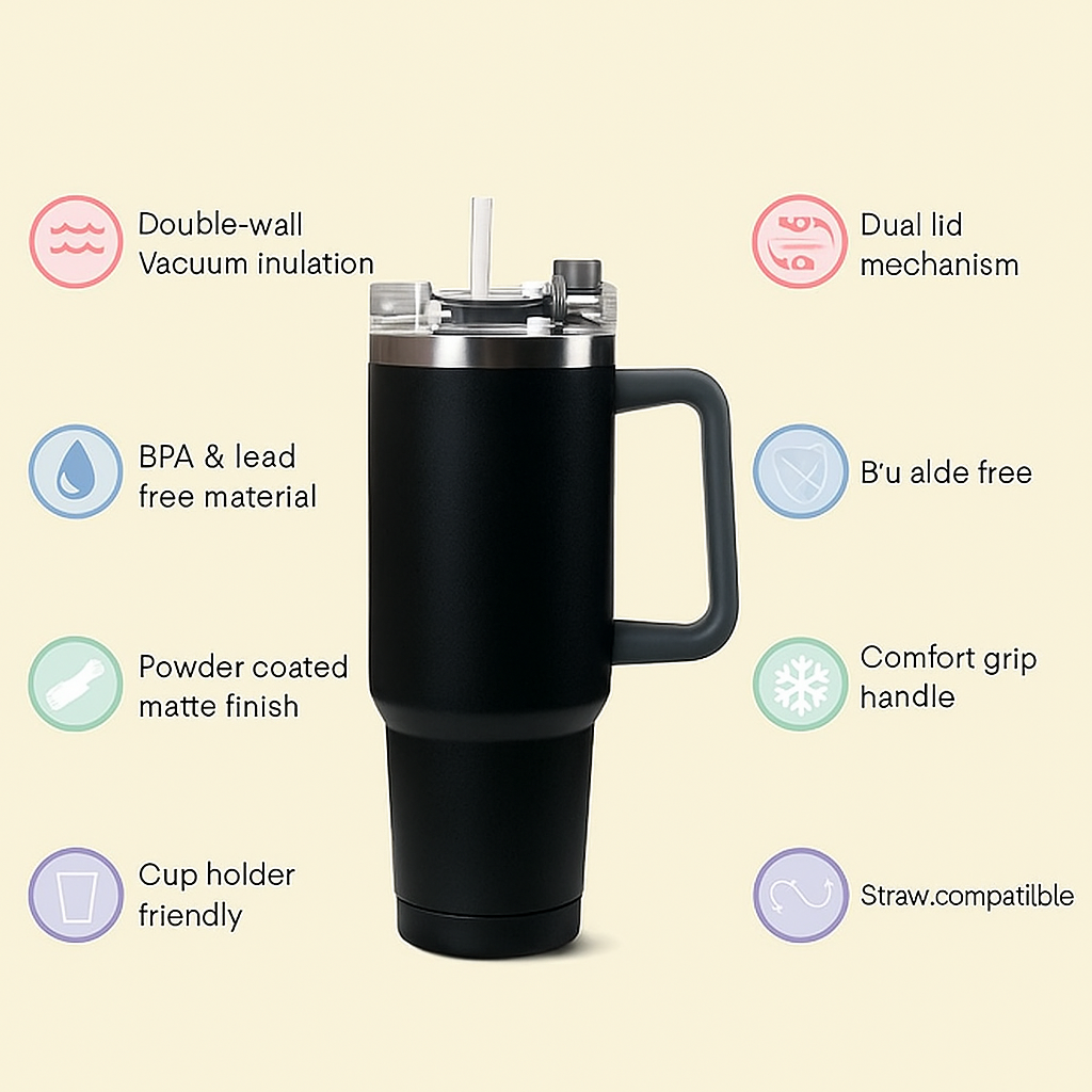 Tumbler Sipper Mug with Lid & Steel Straw | Stainless Steel Vacuum Insulated | Travel Coffee Cup for Hot & Cold Beverages | For Office, Gym, and Travel Use 1200 ml